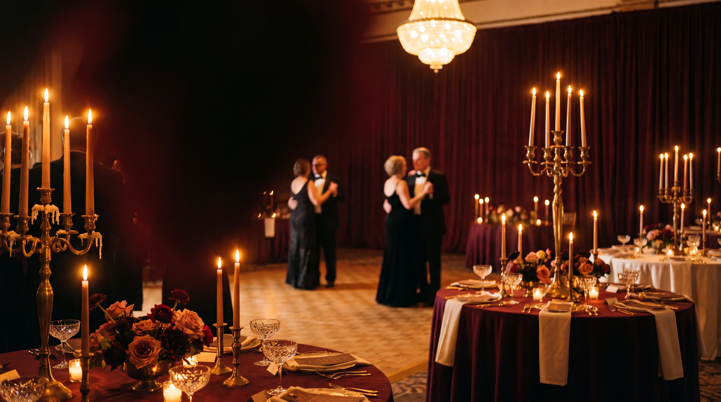 Candlelit black-tie wedding reception — oxblood linen, brass candelabra and a filling dance floor